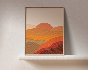 Downloadable Burnt Orange Sun Print,Abstract Sun Wall Art,Boho Landscape Print,Terracotta Printable Art,Mid Century Modern Poster Print