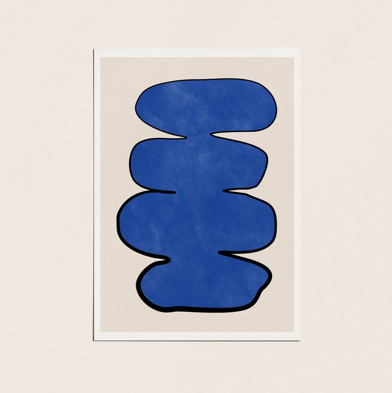 May include: Abstract art print featuring a blue, organic shape resembling a stack of stones. The shape is outlined in black and has a textured, watercolor-like appearance.