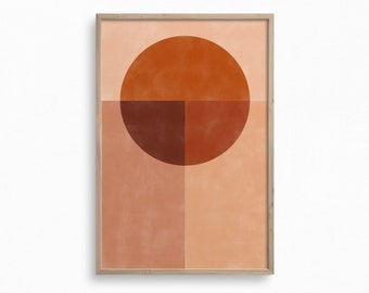 May include: Abstract geometric art print with a large orange circle and a brown rectangle on a peach background. The print is framed in a light wood frame.