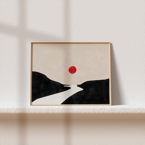 Paysage abstrait Printable Art, Art neutre téléchargeable, Art mural noir et beige, Boho Wall Decor, Impression horizontale, Affiche minimale de coucher de soleil