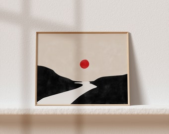 May include: A framed minimalist art print with a black and white landscape featuring a river winding through hills with a red sun in the sky.
