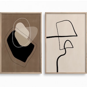 Conjunto de 2 impresiones abstractas, dibujo mínimo de una línea, arte de pared marrón beige descargable, arte imprimible de formas orgánicas, decoración minimalista del hogar boho