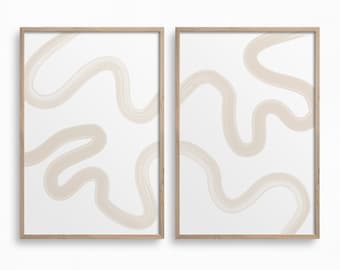 Downloadable Set Of 2 One Line Drawing,Neutral Printable Wall Art,Abstract Shapes Print,White and Beige Artwork,Mid Century Fine Line Print