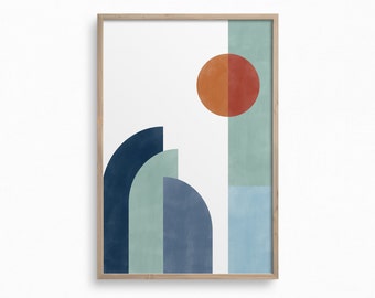 Abstrakte Formen druckbare Kunst,Blau und Orange Wandkunst,geometrische herunterladbare Kunst,Mid Century Modern Landschaft Druck,minimalistisches Boho Dekor