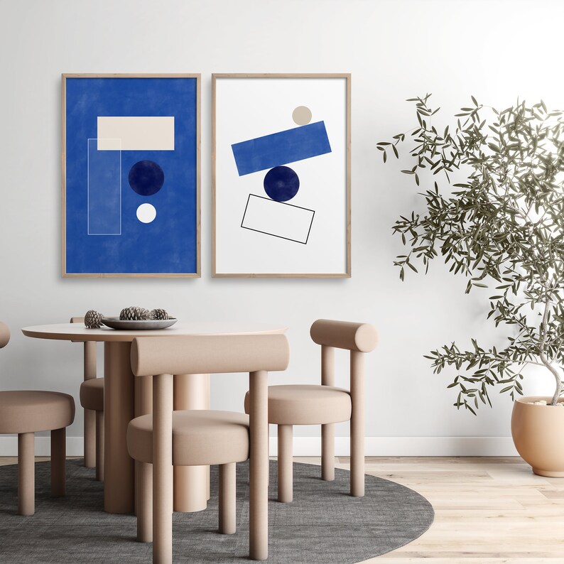 Abstract Geometric Wall Art,Downloadable Royal Blue Prints,Minimalist Watercolor Set of 2,Minimal Boho Wall Decor,Mid Century Modern Print