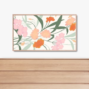 May include: A framed print with a floral design featuring pink, orange, and green flowers on a white background.