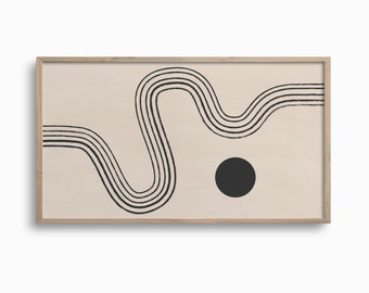 Könnte beinhalten: Abstrakter Kunstdruck mit beigem Hintergrund, einem schwarzen, wellenförmigen Streifendesign und einem schwarzen Kreis. Das Kunstwerk ist in einem Naturholzrahmen gerahmt und bietet eine minimalistische Ästhetik.