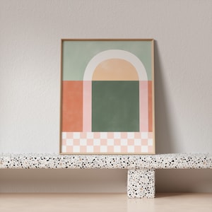 Abstract Landscape Print,Checkered Downloadable Art,Geometric Poster Print,Green and Pink Wall Art,Mid Century Printable Art,Boho Wall Decor