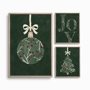 Downloadable Christmas Wall Art Set,Christmas Ornaments Printable Art,Dark Green Joy Print,Winter Botanicals Artwork,Festive Holiday Decor image 1