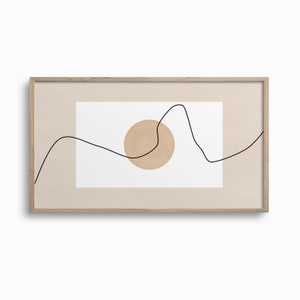 May include: A framed print with a minimalist design featuring a beige circle and a black line drawing of a mountain range on a white background.