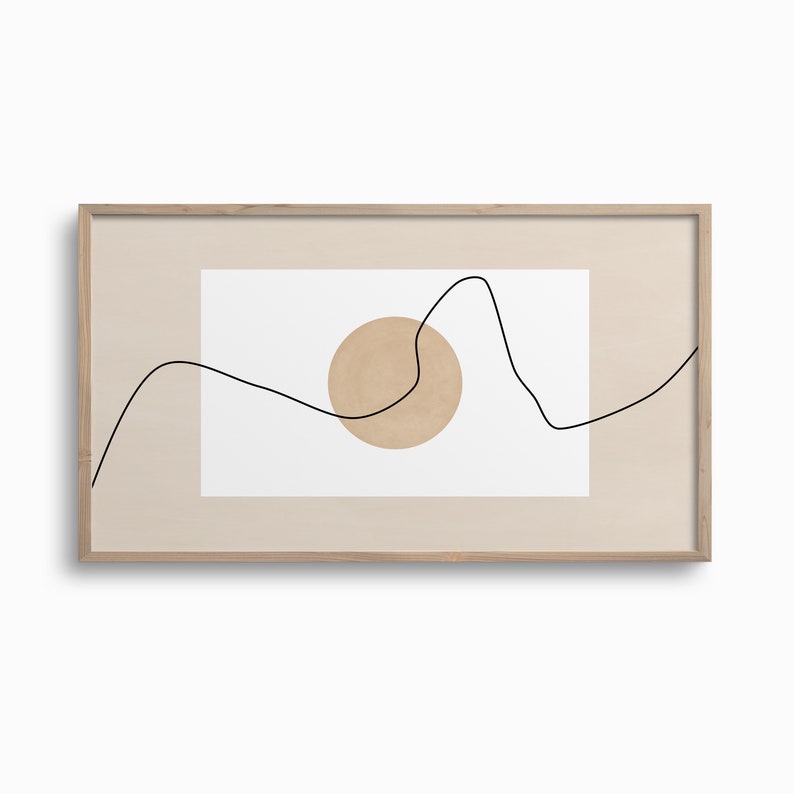 May include: A framed print with a minimalist design featuring a beige circle and a black line drawing of a mountain range on a white background.