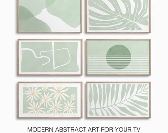 Botanical Samsung Frame TV Art Set,Sage Green Abstract Geometric TV Art Bundle,Simple Minimalist Flowers Digital Art for TV