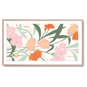 May include: A framed print featuring a floral design with pink, orange, and green flowers on a white background.