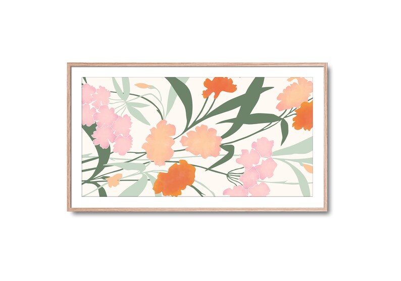 May include: A framed print featuring a floral design with pink, orange, and green flowers on a white background.