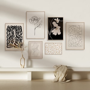 Pared de la galería de flores minimalistas, arte de línea botánica descargable, conjunto de 6 impresiones de botánica, arte de pared neutral, arte imprimible floral, impresión de pared boho