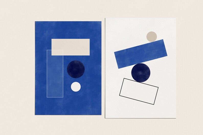 Abstract Geometric Wall Art,Downloadable Royal Blue Prints,Minimalist Watercolor Set of 2,Minimal Boho Wall Decor,Mid Century Modern Print