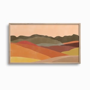 May include: Abstract landscape painting with a muted color palette. The painting features a series of hills in shades of orange, red, brown, and green. The hills are layered on top of each other, creating a sense of depth and perspective. The background is a soft peach color.