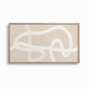 Puede incluir: Impresi&oacute;n de arte abstracto con l&iacute;neas blancas sobre un fondo beige. La impresi&oacute;n est&aacute; enmarcada en un marco de madera natural.