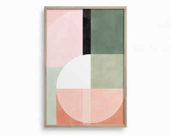 Minimalist Downloadable Art,Mid Century Geometric Print,Abstract Watercolor Printable Art,Blush Pink and Green Wall Art,Danish Pastel Decor