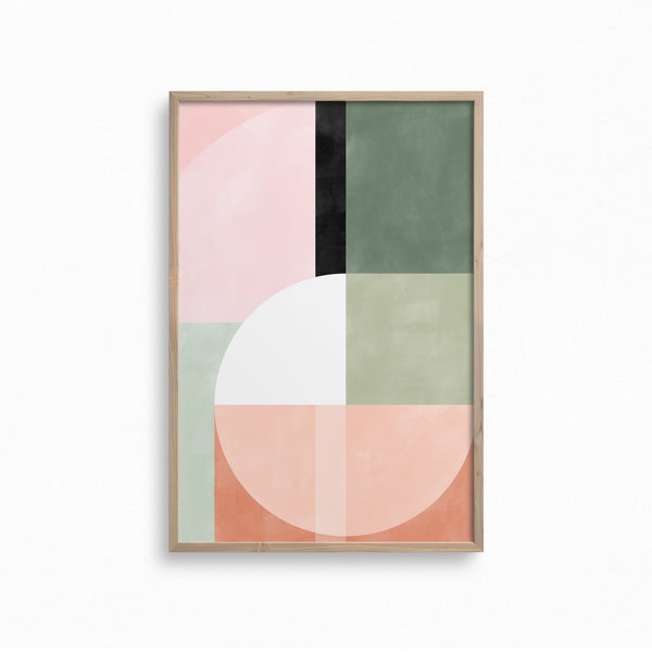 Minimalist Downloadable Art,Mid Century Geometric Print,Abstract Watercolor Printable Art,Blush Pink and Green Wall Art,Danish Pastel Decor