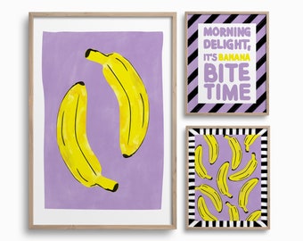 Downloadable Fruits Gallery Wall,Bananas Printable Art,Aesthetic Kitchen Wall Decor,Hand Painted Food,Maximalist Dopamine Pastels Posters