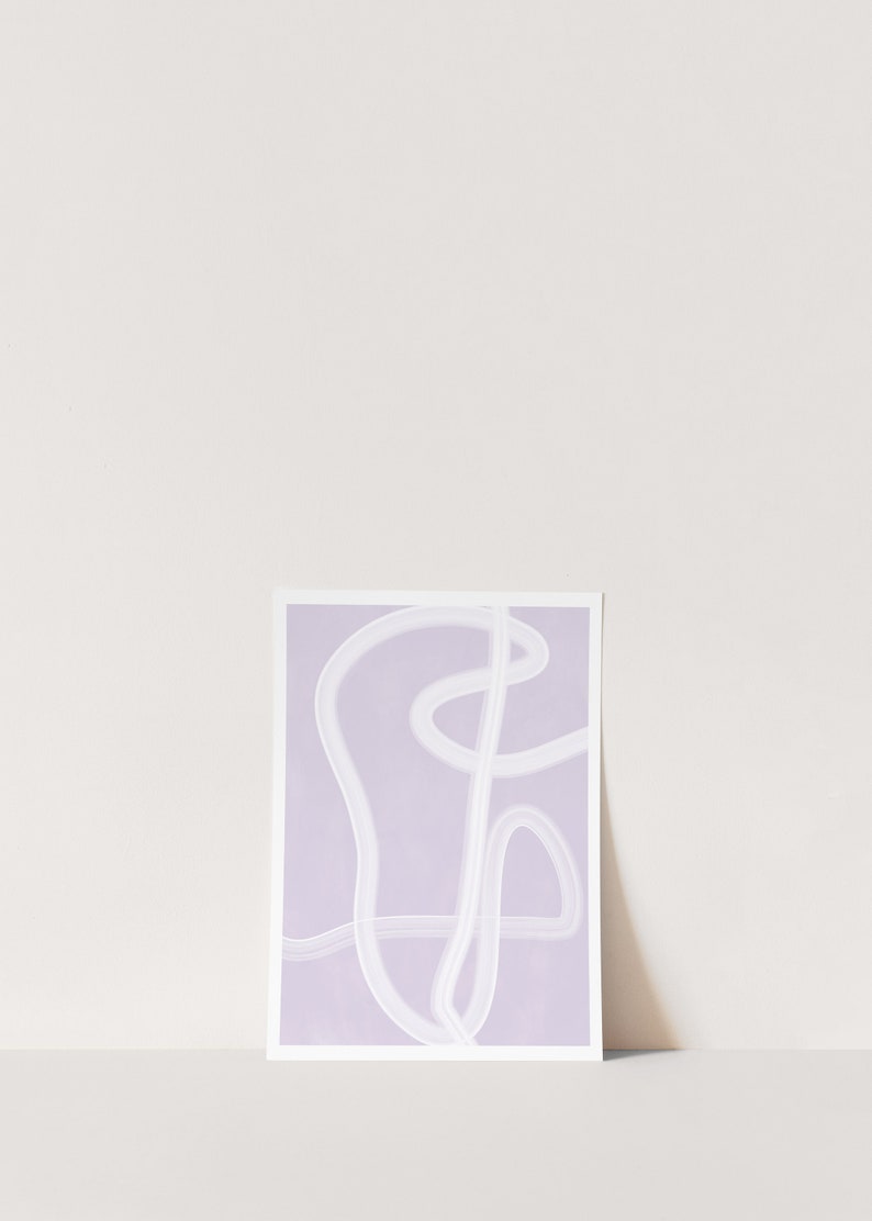 May include: A lavender-coloured abstract art print with a white line drawing of a squiggly shape.