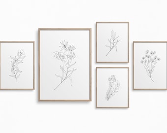 Minimalist Flowers Gallery Wall,Downloadable Botanical Line Art,Set of 5 Botany Prints,Black White Wall Art,Floral Printable Art,Boho Decor