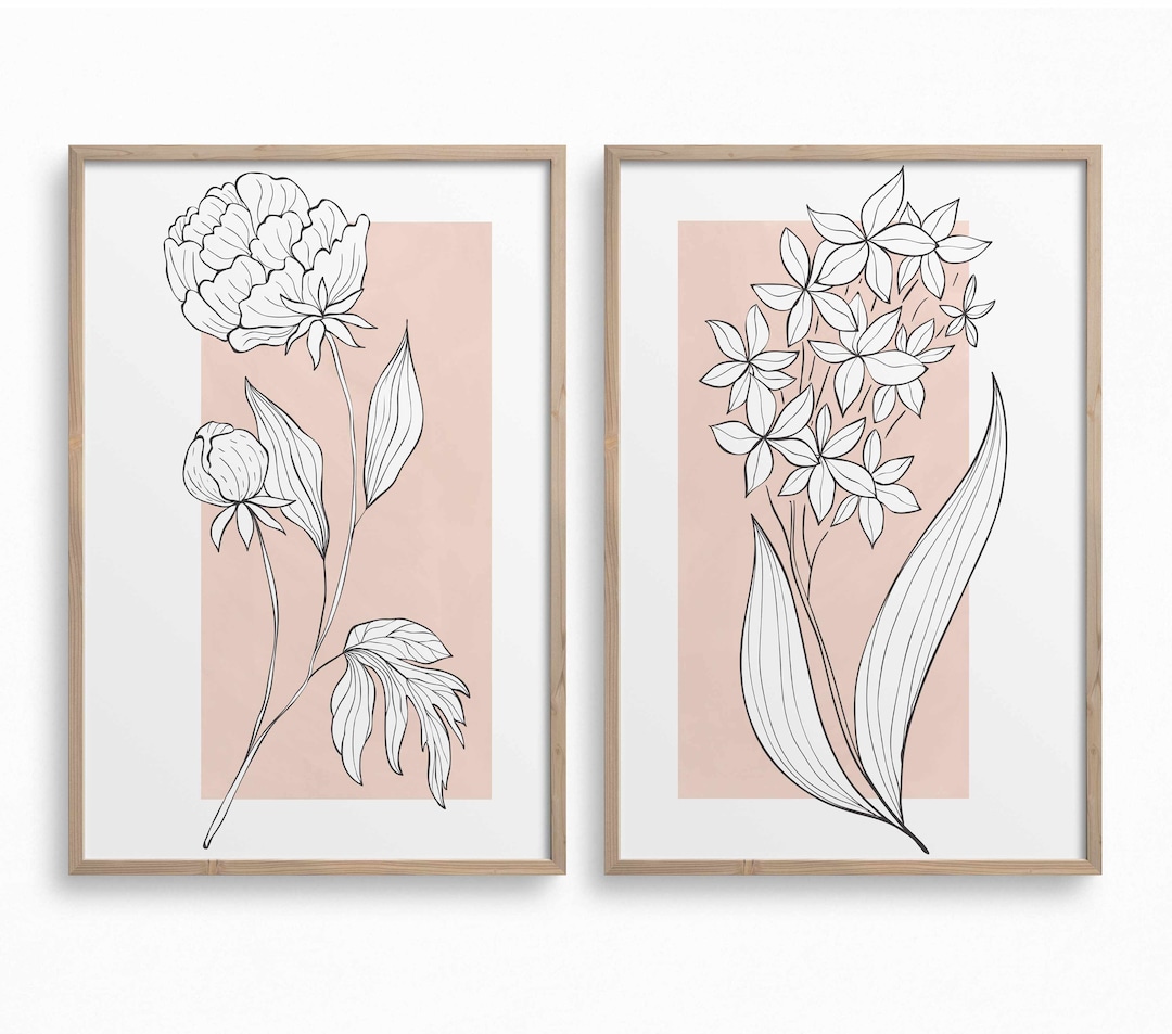 Set of 2 Botanical Line Art Prints,blush Pink Wall Art,botany Print ...