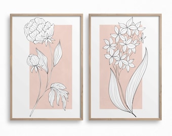 Set of 2 Botanical Line Art Prints,Blush Pink Wall Art,Botany Print,Neutral Printable Art,Downloadable Plant Art,Minimalist Flower Line Art