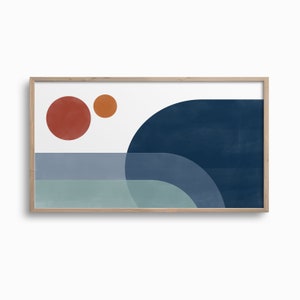 May include: Abstract art print with a blue, green, and orange color scheme. The print features a large blue circle with smaller circles in orange and red.