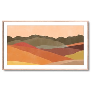 May include: Abstract landscape painting with a warm color palette. The painting features a series of hills in shades of orange, red, brown, and green, with a light peach sky in the background.
