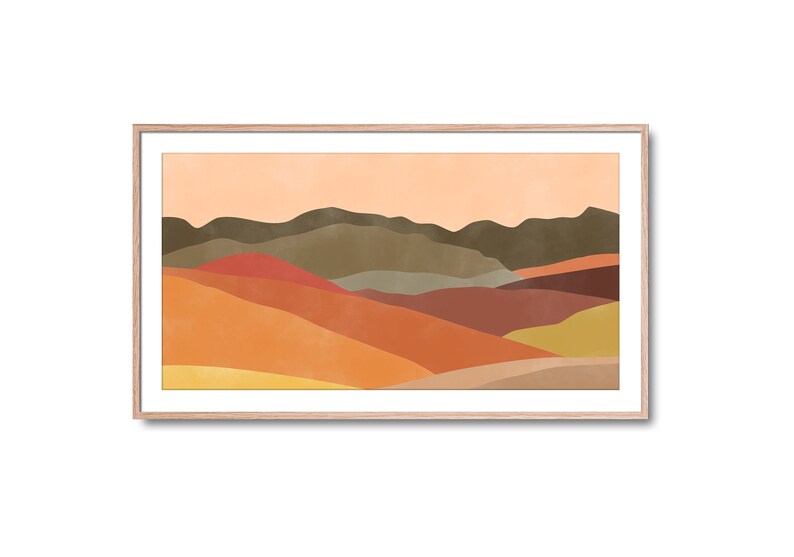 May include: Abstract landscape painting with a warm color palette. The painting features a series of hills in shades of orange, red, brown, and green, with a light peach sky in the background.