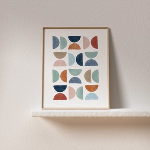 Impresión descargable de semicírculo de mediados de siglo, impresión abstracta de pared boho, arte imprimible de formas orgánicas, arte de pared de óxido azul, impresión de arte contemporáneo
