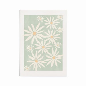 May include: A digital illustration of white daisies with yellow centers on a light green background.