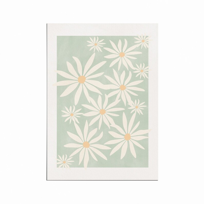 May include: A digital illustration of white daisies with yellow centers on a light green background.