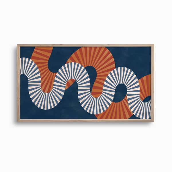 Abstract Samsung Frame TV Art,Geometric Playful Line Art for TV,Navy Blue Terracotta Tones Wavy Artwork,Mid Century Modern