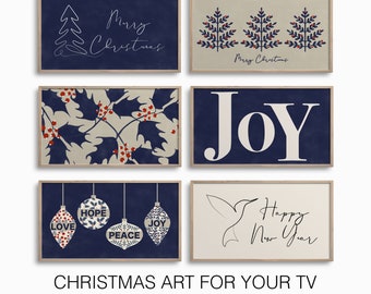 Christmas Frame TV Art Bundle,Samsung Frame Holiday TV Art,Minimalist Neutral Xmas Art Set,Winter Bird Berries Line Art for TV