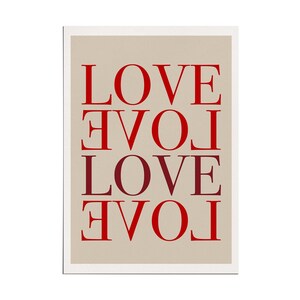 May include: A beige background with the word "LOVE" repeated four times in red and burgundy lettering. The word is rotated 90 degrees clockwise for each repetition.