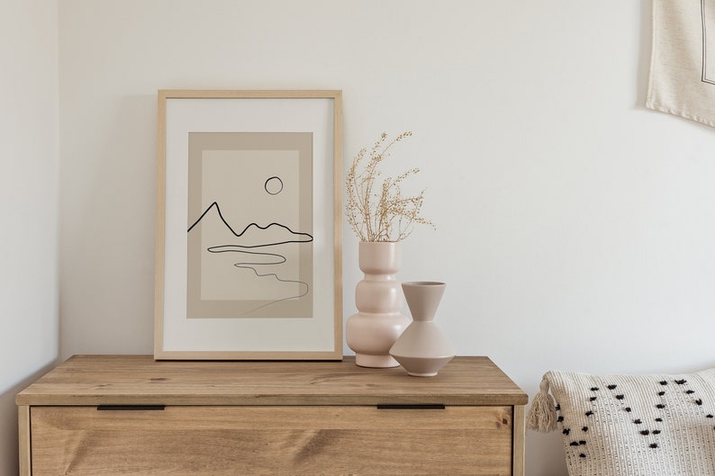 Landscape Line Art,Downloadable Neutral Art Print,Boho Wall Decor,Abstract Single Line,Beige Printable Wall Art,Minimalist Mountains Print image 1