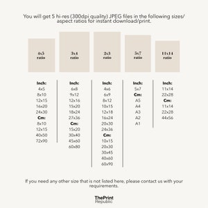 May include: A chart showing different aspect ratios and their corresponding measurements in inches and centimeters. The chart is titled "You will get 5 hi-res (300dpi quality) JPEG files in the following sizes/aspect ratios for instant download/print."