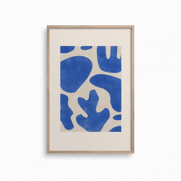 Abstract Cutout Art Print,Matisse Inspired Downloadable Print,Royal Blue and Beige Wall Art,Organic Shapes Printable Art,Boho Wall Decor