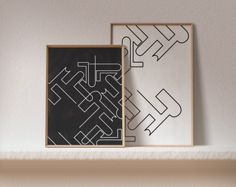 Conjunto de impresión en blanco y negro de 2, arte abstracto descargable, arte japonés, impresión de arte geométrico, arte imprimible de mediados de siglo, impresión de póster minimalista