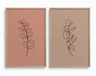 Set of 2 Line Art Flowers,Downloadable One Drawing Print,Terracotta Floral Printable Art,Burnt Orange Boho Wall Decor,Minimal Botany Prints