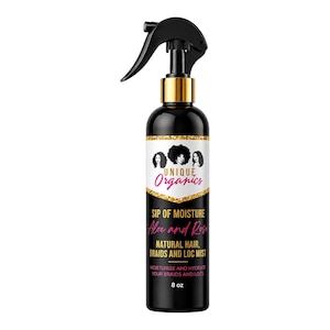 May include: Black spray bottle with a black pump and gold accents. The label reads "UNIQUE Organics" and "SIP OF MOISTURE Aloe and Rose". It is designed for natural hair, braids, and locs. The bottle contains 8 oz of product.