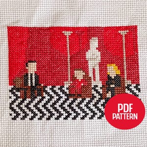 May include: Cross-stitch design depicting a scene with figures against a red background. The pattern includes a black and white zigzag design at the base. A red circle with "PDF PATTERN" is in the lower right.
