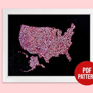 May include: A framed artwork depicting a map of the United States of America. The map is made up of small red, white, and blue dots on a black background. The frame is white. The text "PDF PATTERN" is in red on a white circle in the lower right corner of the image.