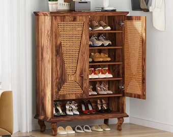 Large Hidden Shoe Organizer Cabinet with Ventilated Doors, 5 Tier Rattan Cabinet for Entryway - Brown, Wooden Shoe Storage  Cabinet