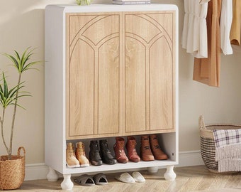 Modern White 6-Tier Shoe Organizer Cabinet with Doors, Free-Standing Shoe Cabinet with Doors Holds 24 Pairs of Shoes, Shoe Cabinet Entryway