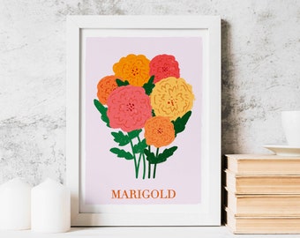 Marigold Print, DIGITAL DOWNLOAD, Flower Poster, Wall Decor, Printable Wall Art, Design, Cute