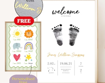 May include: A framed print with baby footprints and the words "welcome to the world." The print includes the baby's name, birth date, weight (7 pounds, 2 ounces), and hospital. A smaller print with colorful illustrations and positive affirmations is also included.